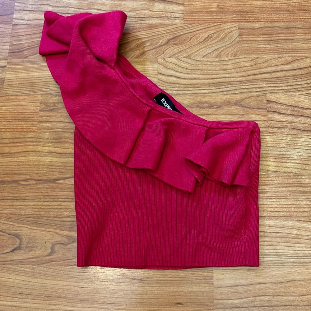 Express hot pink crop top. One shoulder. Ruffles. Sweater material.